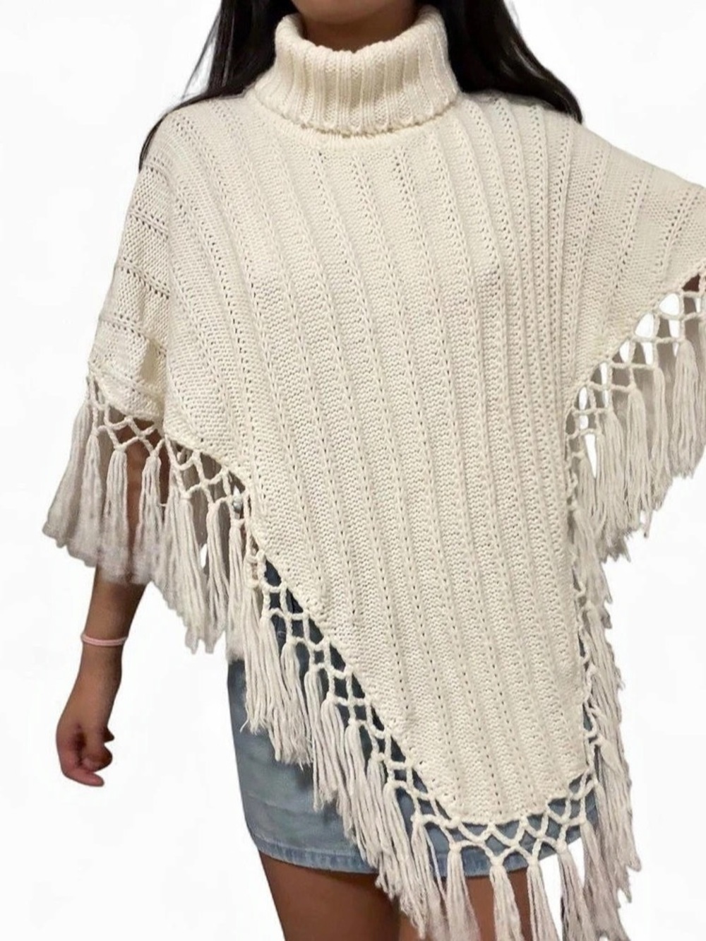 Free People Cream Fringe Turtleneck Poncho